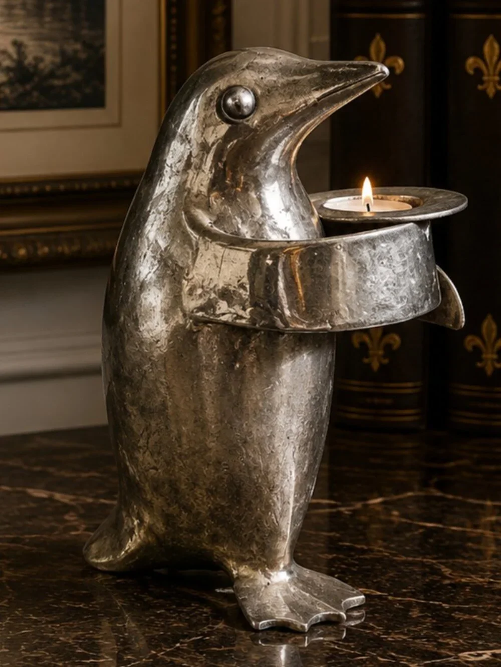 Vintage Restoration Hardware Silver Plate Penguin Candle Holder